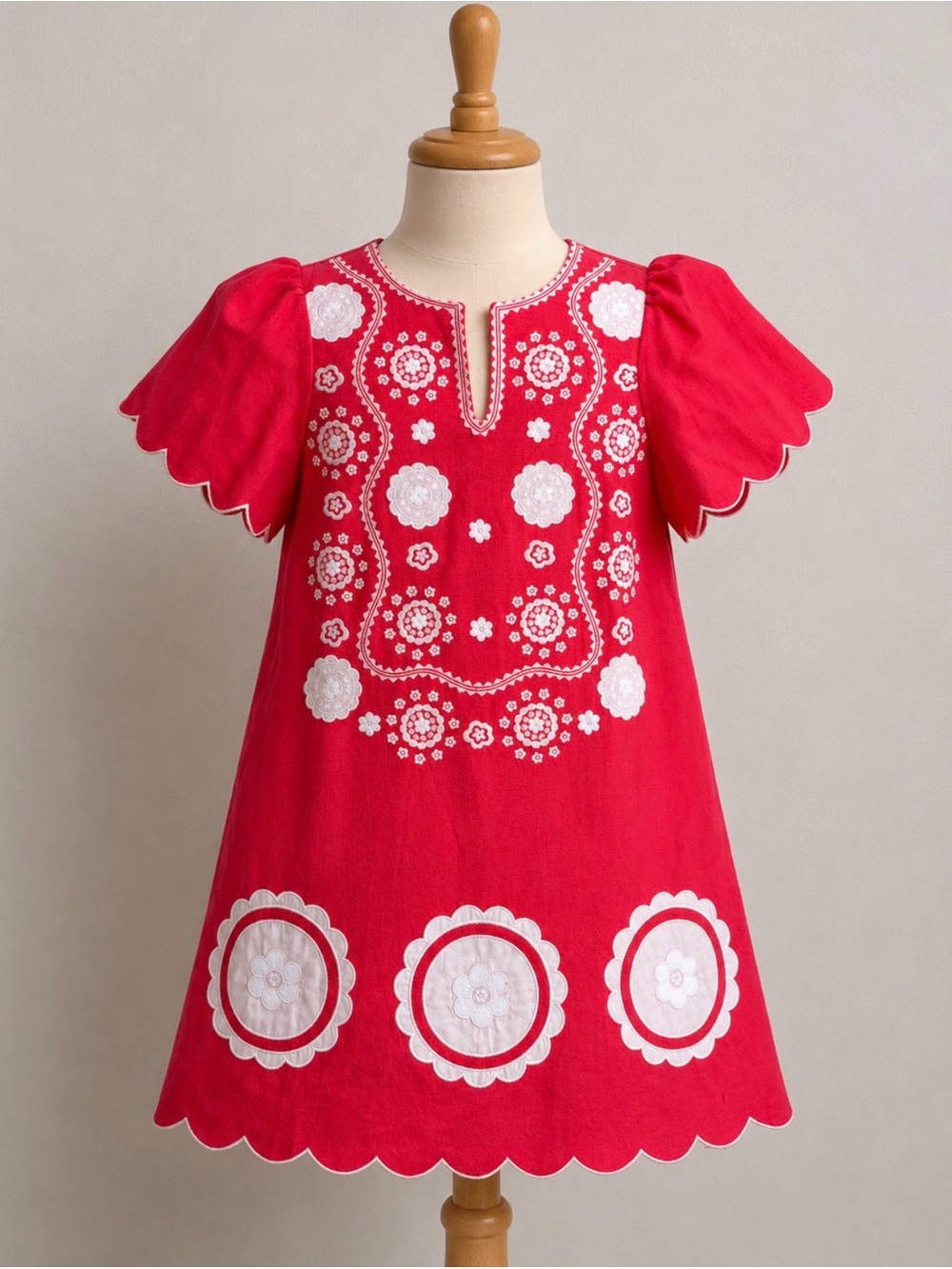 Embroidered Scallop-Sleeve Dress